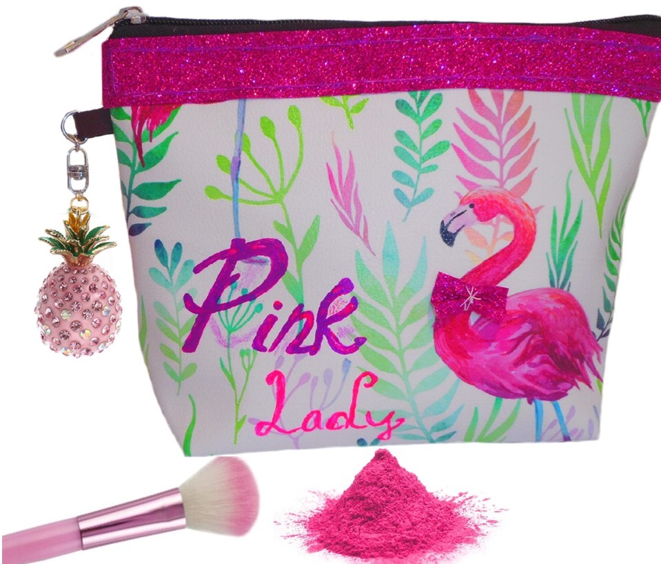 trousse maquillage esthétique flamant rose avec paillette