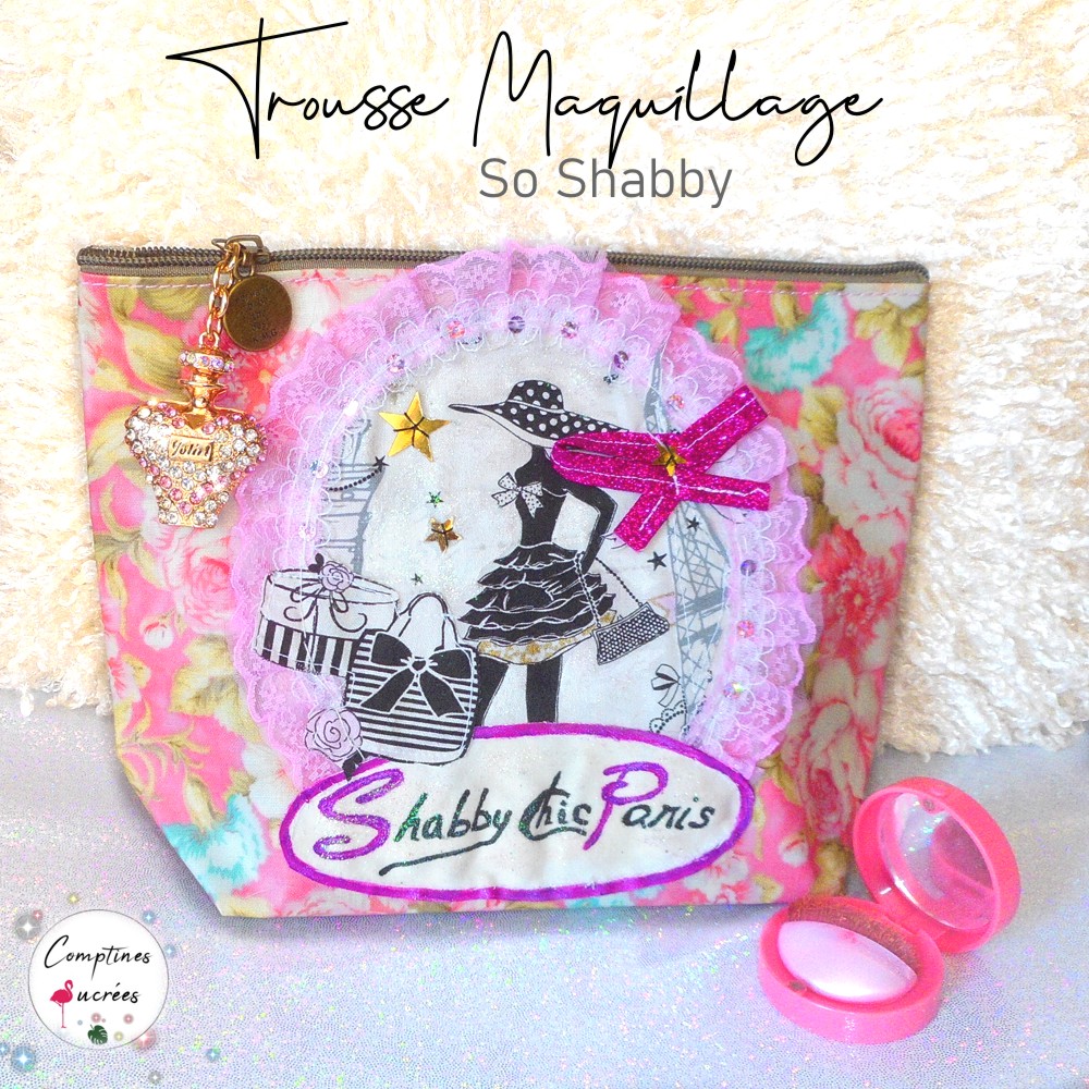 Grande trousse maquillage rose style shabby chic paris avec perles et froufrou