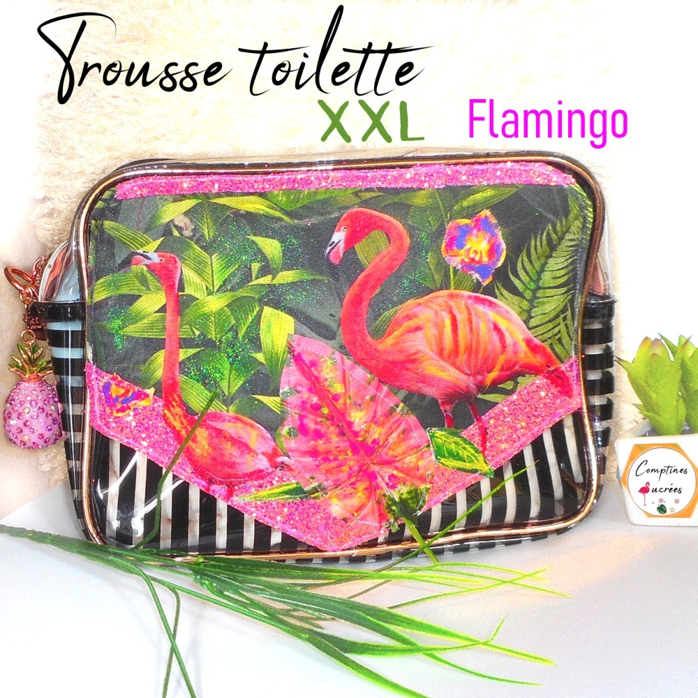 grande trousse de toilette en plastique originale motif flamants roses avec ananas