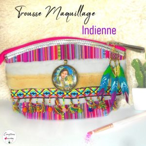 belle trousse maquillage en tissu style ethnique amérindien avec perles et plumes